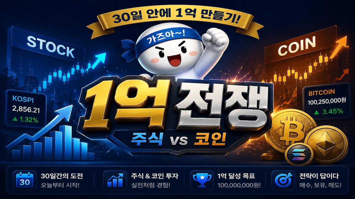 1억 전쟁 - 주식 vs 코인, 30일 안에 1억 만들기 투자 시뮬레이션 게임